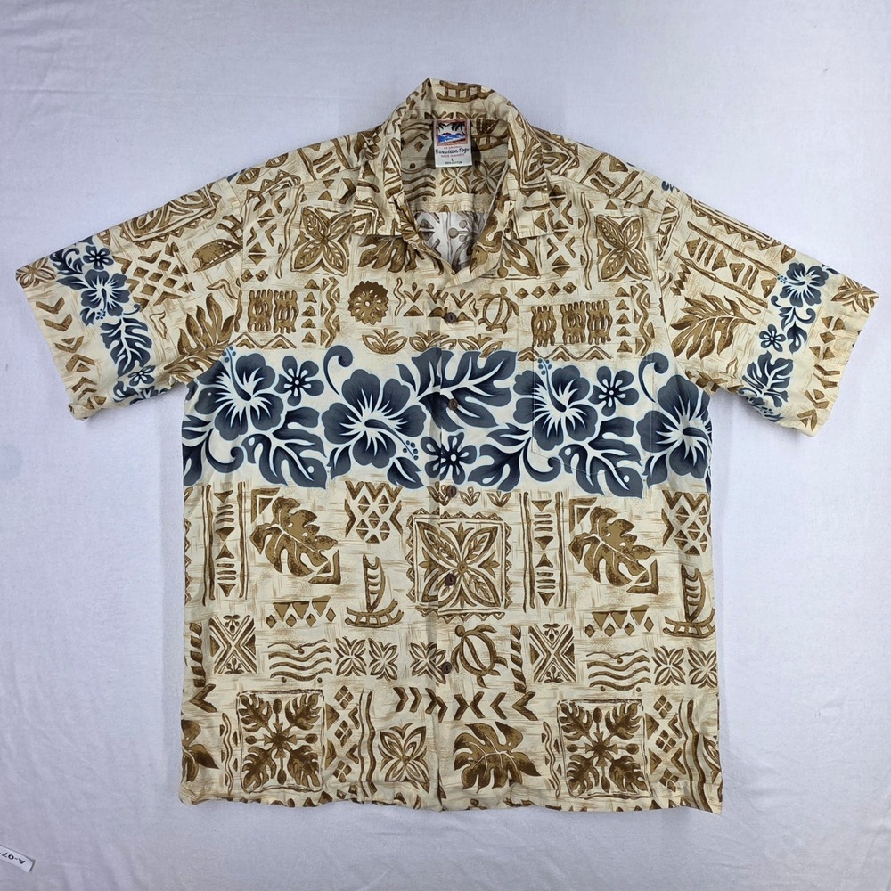 Hawaiian Togs Mens Large Aloha Shirt Tan Blue Hibiscus Turtle Made in Hawaii L